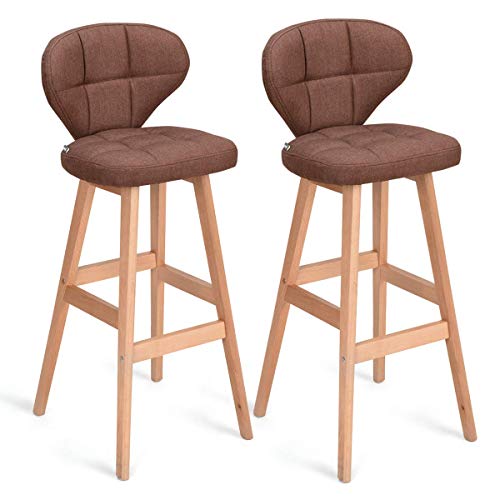 COSTWAY Bar Stools Pub Chair with Wood Legs Set of 2 Bar Stools Backrest Pub Chair with Wood Legs Fabric Pub Height Vintage Casual, Brown