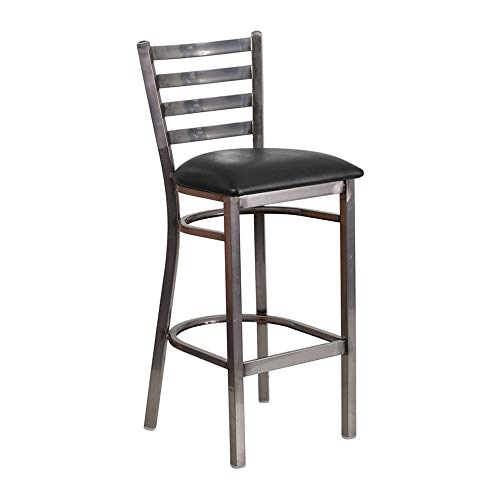 Flash Furniture 2 Pack HERCULES Series Clear Coated Ladder Back Metal Restaurant Barstool - Black Vinyl Seat