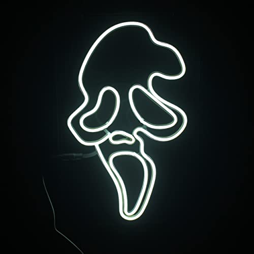 Ghost Face Neon Sign, Fun Wall Decor for Game Rooms, Neon Signs for Wall Decor, Spooky Addition to Your Space,11 * 16 Inch Led Neon Signs with Remoter Control-White