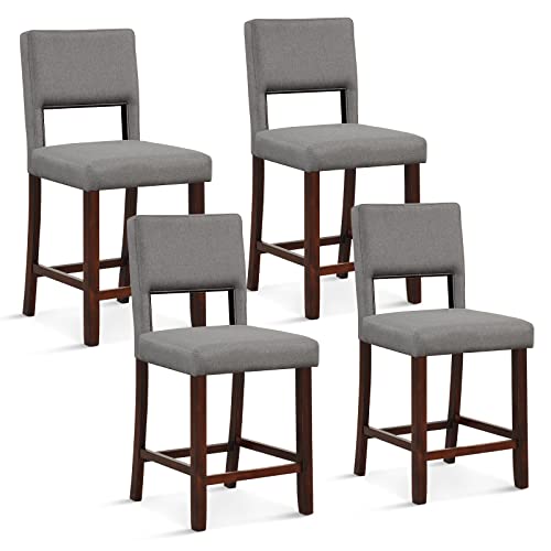 COSTWAY Bar Stools for Kitchen Island, Linen Counter Height Chairs with Hollowed Backs, Rubber Wood Legs, Upholstered Bar Stools for Kitchen Island Home Bar Pub Dining Room (4, Grey+Brown)