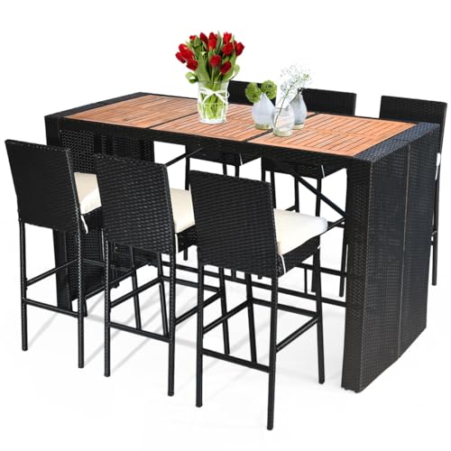 COSTWAY 7 PCS Patio Rattan Wicker Bar Dining Furniture Set Wood Table Top 6 Stools