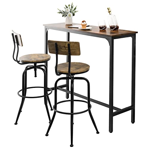 COSTWAY 3 Pieces Bar Table and Chair Set, Counter Height Pub Table Set with 2 Bar Stools, Small Breakfast Kitchen Table Set, Rustic Dining Table Set for Kitchen, Dining Room, Bar