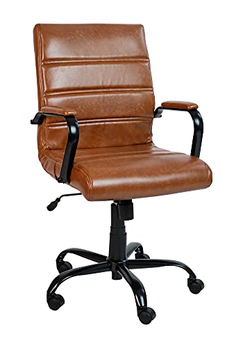 Flash Furniture Whitney Mid-Back Swivel Leather Desk Chair with Padded Seat and Armrests, Adjustable Height Padded Leather Office Chair, Brown/Black