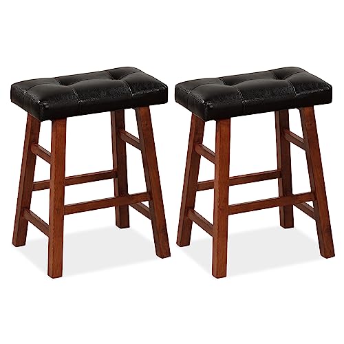 COSTWAY Saddle Stools Set of 2, 24-inch Counter Height Vintage Barstools with Solid Wood Legs & Footrests, Modern Backless Design Indoor Bar Stools for Kitchen, Dining, Pub, Bistro, Black + Brown