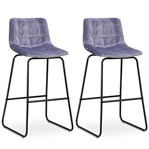 COSTWAY Dining Bar Stools, Vintage Velvet Modern Counter Height Armless Back Upholstered Dining Chairs W/Metal Legs Pub Dining Kitchen Side Dining Chair Set of 2 (Gray)