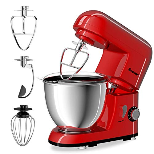 COSTWAY Stand Mixer 4.3 Quart 6-Speed 120V/550W 3 Attachments Offer Tilt-head Electric Food Mixer w/Stainless Steel Bowl (Red)