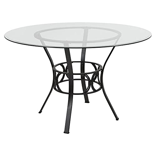 Flash Furniture Carlisle Round Glass Dining Table with Metal Frame, 48 in, Clear/Black