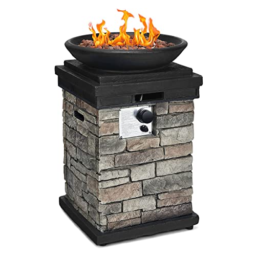 COSTWAY Patio Propane Fire Bowl, 40,000BTU Square Fire Pit with Round Bowl, Lava Rocks & Waterproof Cover, Patiojoy Faux Stone Fire Pit Table for Outside Courtyard, Patio, Porch, Natural