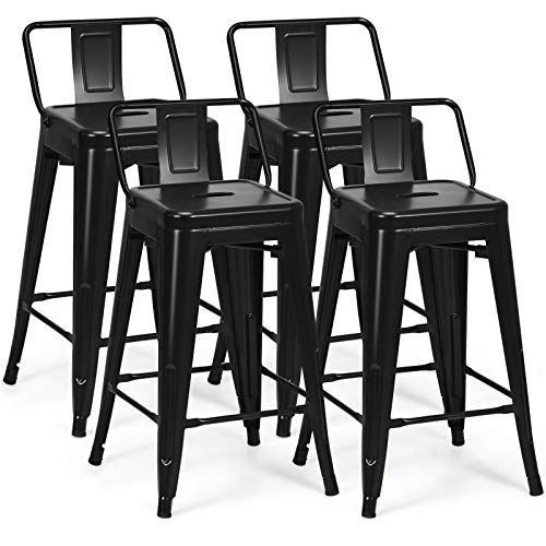 COSTWAY Metal Bar stools Set of 4, with Removable Back, 24'' Counter Height Stools with Rubber Feet, Stylish and Modern Chairs, for Kitchen, Dining Rooms, and Side Bar (Black, 24'')