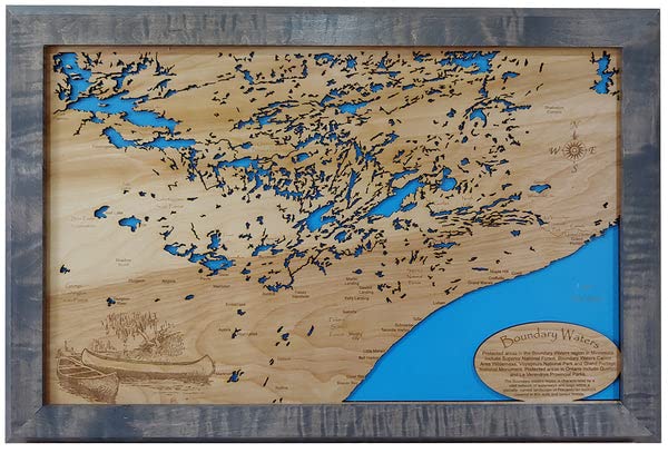 The Boundary Waters: Framed Wood Laser Engraved Map | Custom Text Included | Wood Sign | Wall Hanging| Nautical Art | 2D Wood Map | Wall Art | Made to Order 18" x 27"