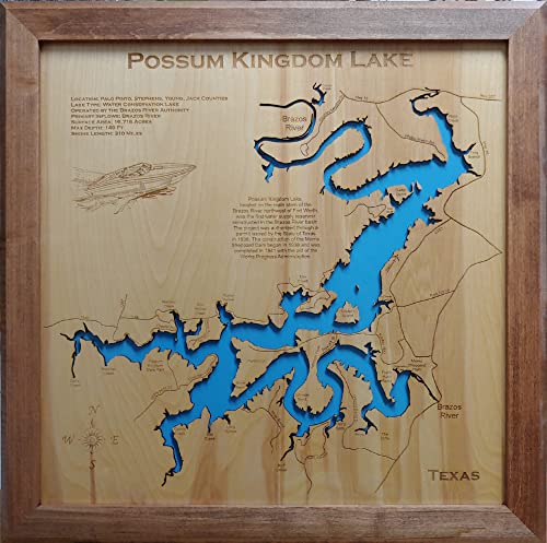 Possum Kingdom Lake, Texas: Framed Wood Laser Engraved Map | Custom Text Included | Wood Sign | Wall Hanging| Nautical Art | 2D Wood Map | Wall Art | Made to Order 24" x 37"