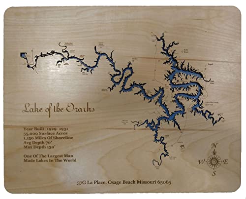 Lake of the Ozarks: Contemporary Wood Laser Engraved Map | Custom Text Included | Wood Sign | Wall Hanging| Nautical Art | 2D Wood Map | Wall Art | Made to Order 19" x 32"