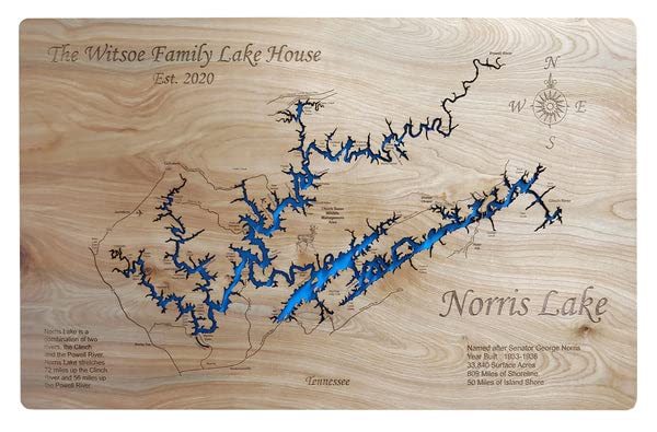 Norris Lake, Tennessee: 13" x 16" Contemporary Wood Laser Engraved Map | Custom Text Included | Wood Sign | Wall Hanging| Nautical Art | 2D Wood Map | Wall Art | Made to Order