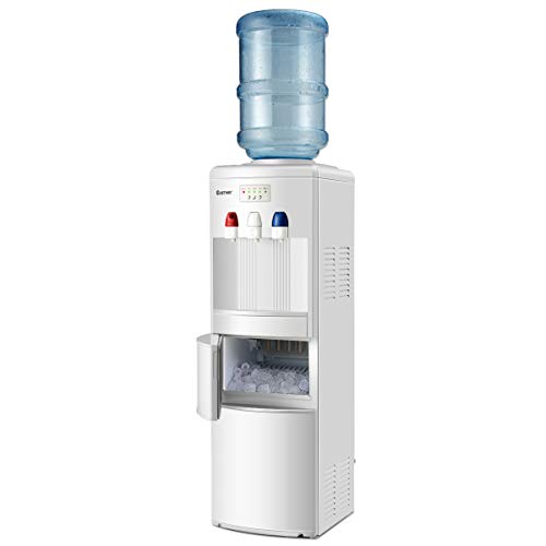 COSTWAY 2-in-1 Water Cooler Dispenser with Built-in Ice Maker, Freestanding Hot Cold Top Loading Water Dispenser, 27LBS/24H Ice Maker Machine with Child Safety Lock, White