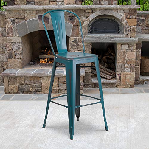 Flash Furniture Blake Commercial Grade 4 Pack 30" High Distressed Kelly Blue-Teal Metal Indoor-Outdoor Barstool with Back