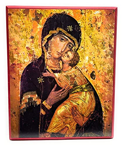 Wooden Greek Orthodox Christian Ancient Icon Saint Mary/Holy Virgin Mary/Theotokos/Virgin of Vladimir (9" x 11")