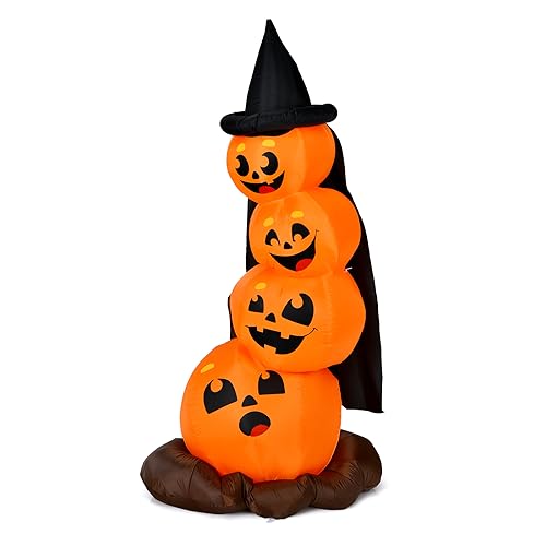 COSTWAY 6 FT Halloween Inflatable Pumpkin Combo W/Witch's Hat, Blow up Stacked Pumpkins W/Built-in LED Lights, Air Blower