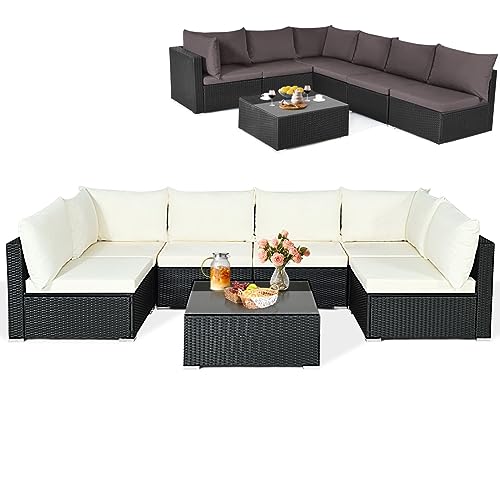 COSTWAY 7PCS Patio Rattan Sofa Set Sectional Conversation Furniture Set Garden Beige & Black