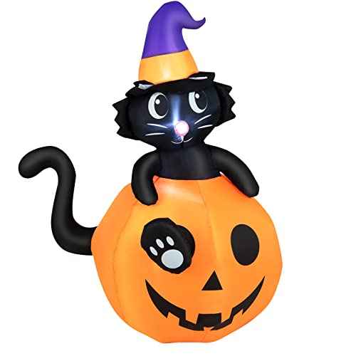 COSTWAY 5 FT Inflatable Halloween Cute Cat on Pumpkin, LED Blow up Lighted Black Cat with Pumpkin Decoration for Outdoor and Indoor Holiday Decorations