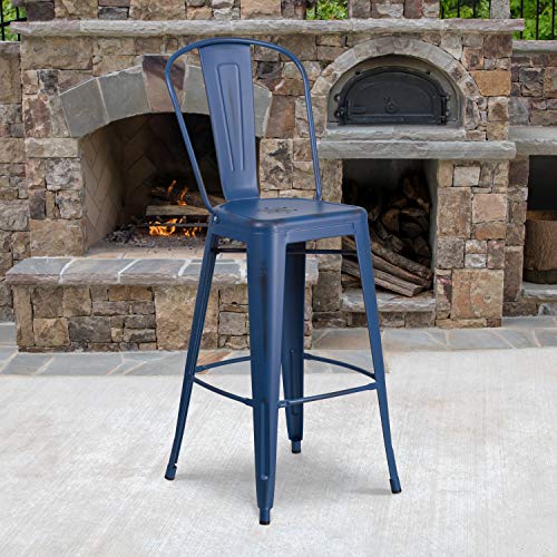 Flash Furniture Blake Commercial Grade 4 Pack 30" High Distressed Antique Blue Metal Indoor-Outdoor Barstool with Back