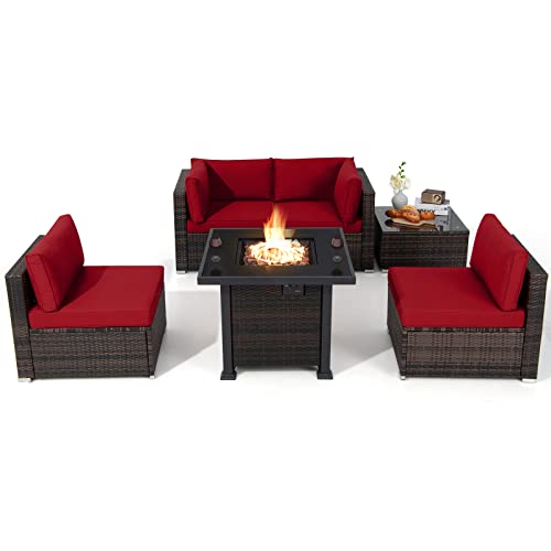 COSTWAY 6PCS Patio Rattan Furniture Set 32" Fire Pit Table W/Cover Cushioned Red