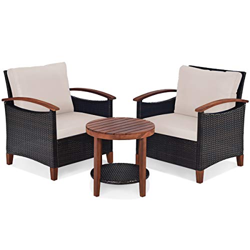 COSTWAY 3PCS Patio Rattan Furniture Set Wooden Frame Cushion Table Shelf Beige