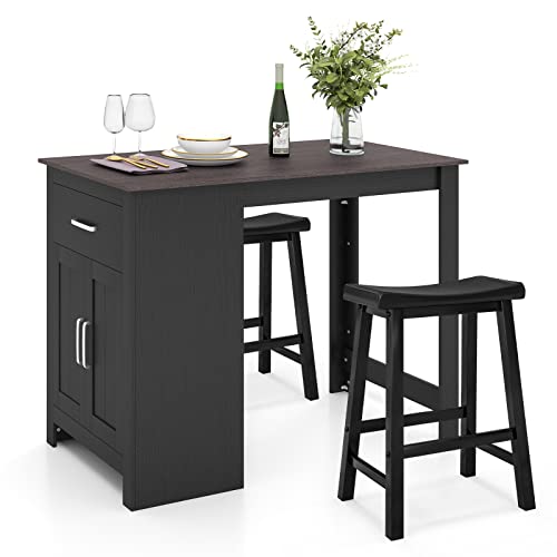 COSTWAY 3-Piece Bar Table Set for 2, Counter Height Dining Table Set with 2 Saddle Stools, Storage Drawer & Cabinet, Modern Pub Kitchen Table and Chairs Set for Small Spaces (Black + Dark Brown)