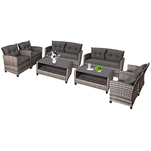 COSTWAY 8PCS Patio Rattan Furniture Set Coffee Table Cushioned Sofa Garden Lawn Gray