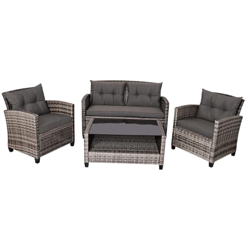 COSTWAY 4PCS Patio Rattan Furniture Set Coffee Table Cushioned Sofa Garden Lawn Gray