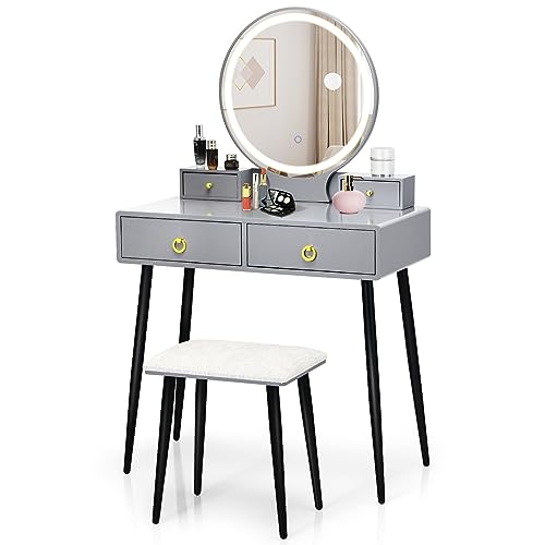 COSTWAY Vanity Table Set with Mirror and Lights, Makeup Dressing Table w/ 3 Color Lighting Modes & Adjustable Brightness, Vanity Mirror with Desk and Cushioned Stool for Women Girls (Grey & Black)