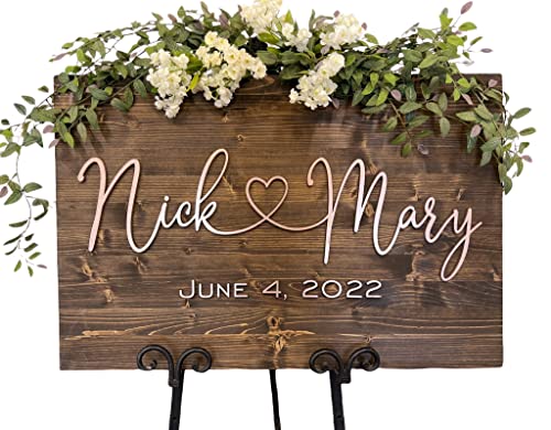 Wedding Sign, Welcome Wedding Sign, Wedding Welcome Sign, 3D Wedding Sign, Custom Sign, Wooden Welcome Sign, Wood Wedding Sign, (20x30, Dark Walnut + Rose Gold Letter)