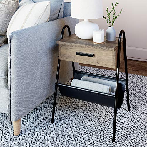 Nathan James Hugo Wood Nightstand, Rustic Accent End or Side Table with Drawer, Durable Black Metal Frame & Leather Hammock, Gray