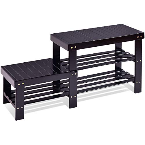 COSTWAY 2-Tier Bamboo Shoe Bench Storage Racks Boot Organizer Double-Deck (Black)