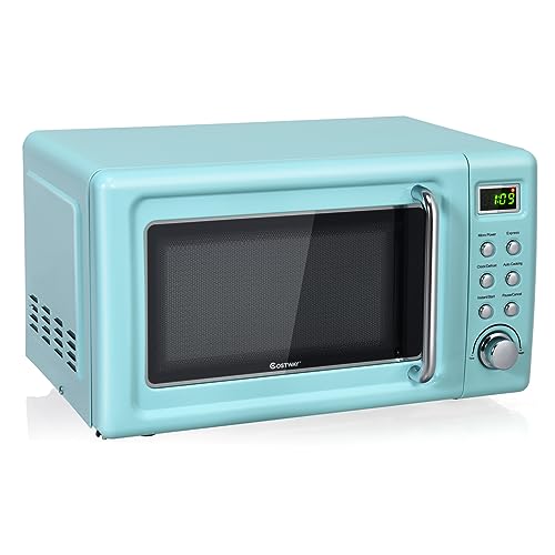 COSTWAY Retro Countertop Microwave Oven, 0.7Cu.ft, 700-Watt, High Energy Efficiency, 5 Micro Power, Delayed Start Function, with Glass Turntable & Viewing Window, LED Display, Child Lock (Green)