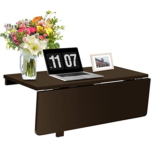 COSTWAY Wall Mounted Folding Table, 31.5" x 23.5" Drop-Leaf Floating Writing Desk for Small Spaces, Space-Saving Fold Down Laptop Workstation for Kitchen, Bedroom, Laundry Room, Study Room (Brown)