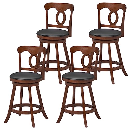 COSTWAY 2 PCS Bar Stools, 24 Inch Swivel Counter Height Chairs with Ergonomic Back & Footrest, Vintage Wooden Barstool Set for Kitchen Island, Pub, Bistro, CafŽ, Espresso (4, 24 Inch)