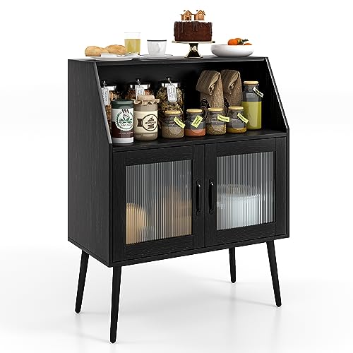 COSTWAY Buffet Cabinet, Kitchen Sideboard Cupboard with Open Compartment, Tempered Glass Doors & Anti-Tipping Kit, Modern Bar Storage Cabinet for Dining Room, Living Room & Entryway, Hallway, Black