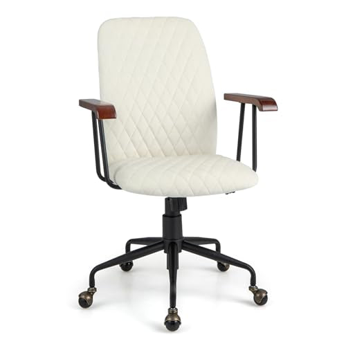 COSTWAY Velvet Office Chair, Upholstered Home Leisure Chair with Rubber Wood Armrests & 5-Claw Metal Base, Vintage Mid-Back Computer Desk Chair for Adult, Home, Office, Study (White)