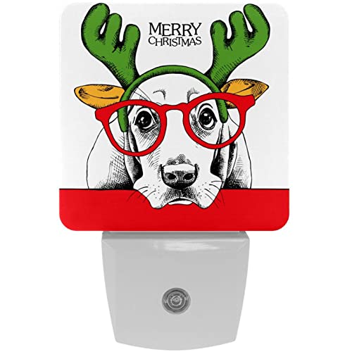 2 Pack Plug-in Nightlight LED Night Light Basset Hound in Mask Santa's Antler Reindeer and Glasses, Dusk-to-Dawn Sensor for Kid's Room Bathroom, Nursery, Kitchen, Hallway