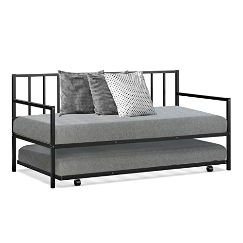 COSTWAY Twin Size Daybed and Trundle, Metal Frame Daybed and Roll Out Trundle w/Steel Slat Support & 4 Lockable Casters, Heavy-Duty Daybed for Guest Room, Bedroom (Black)