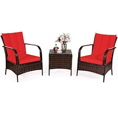 COSTWAY 3 PCS Patio Rattan Furniture Set Coffee Table & 2 Rattan Chair W/Red Cushions