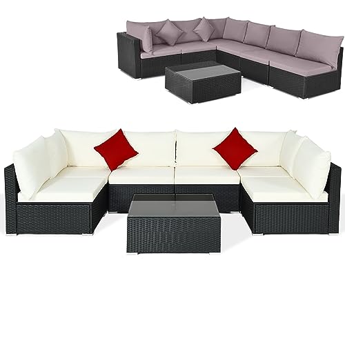 COSTWAY 7PCS Patio Rattan Sofa Set Sectional Conversation Furniture Set Garden Beige & Grey