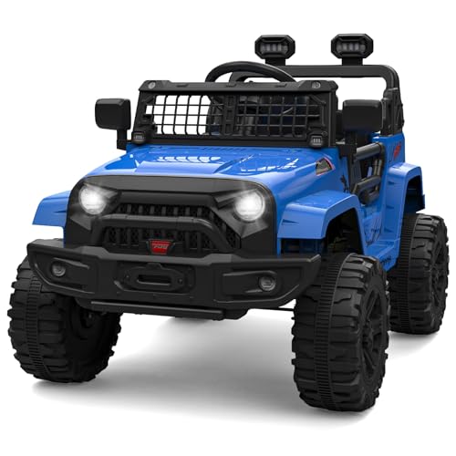 Ride on Truck Car 12V Kids Electric Vehicles with Remote Control Spring Suspension, LED Lights, Bluetooth, 2 Speeds (Blue)