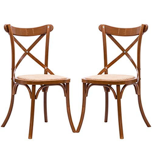 COSTWAY Dining Chairs with Cross Back Set of 2 Solid Wooden Frame Antique Style Side Chairs for Kitchen Rooms Rattan Seat Set (Oak)