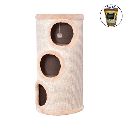 Cat Condo 3 Story Cat Tower Kitten Tree with Scratching 14" x 27.5" Beige Only by eight24hours Organic Natural Silk Cocoons