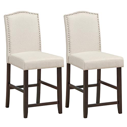 COSTWAY Bar Stools Set of 2, 25'' Upholstered Counter Height Bar Stools with S-Shaped Spring Thick Cushion, Rubber Wood Legs, High Back Leisure Chairs for Living, Kitchen, Dining Room (Beige, 2)