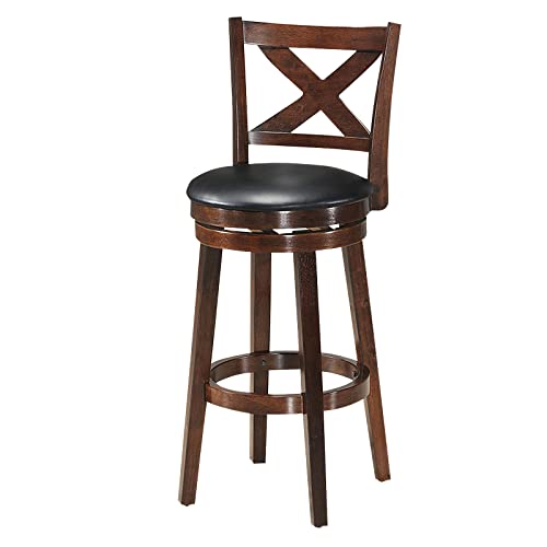 COSTWAY 29" Accent Wooden Bar Counter Height Stool Backed Chair New, Fabric Upholstered 360 Degree Swivel, PVC Cushioned Seat, Perfect for Dining and Living Room, Brown