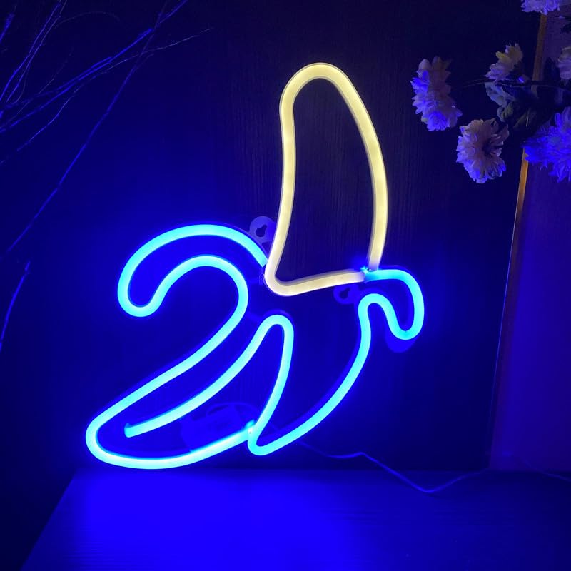 Neon Sign, Banana Neon Signs for Wall Decor with 8 Mode 18 Key Remote Control USB Or Battery (Warm Blue)