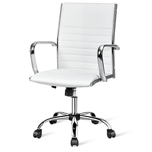 COSTWAY Ribbed Office Chair, Swivel Executive PU Leather High Back Chair with Height Adjustable, Armrest, Rocking Backrest, Lumbar Support, Ergonomic Task Managerial Chair for Office Home (White)