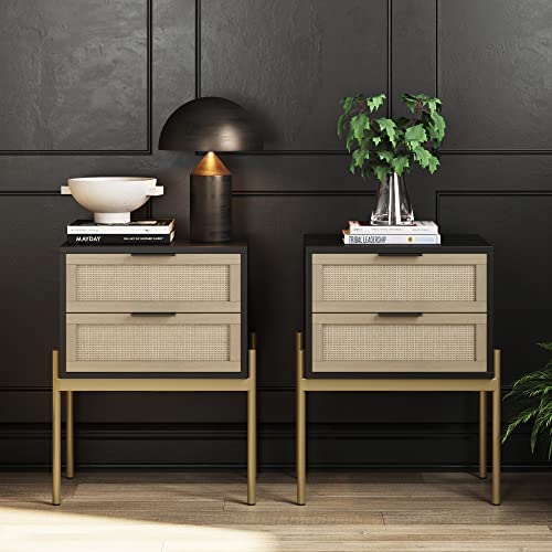 Nathan James Andrew Nightstand, Accent Bedside End Side Table with Storage Drawer, and Mid-Century Modern Legs for Living Room or Bedroom, Set of 2, Black/Cane/Gold